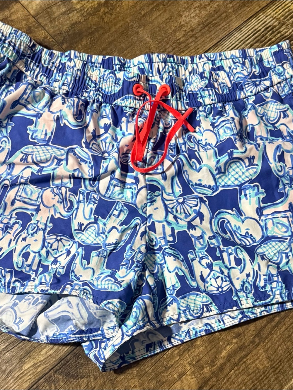 Lilly Pulitzer Blue & White Swim Shorts with Orange Drawstring